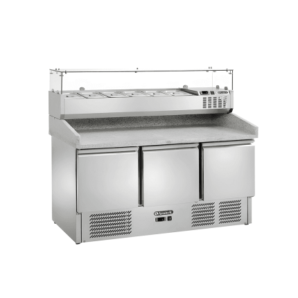 Banc pizza 3 usi cu motor jos din inox cu top granit și vitrina ingrediente