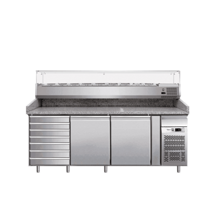 banc pizza 2 usi cu sertare fără vitrina ingrediente blat granit inox