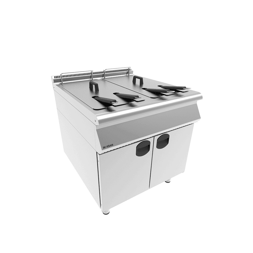 Friteuza pe gaz 2 cuve 21+21 litri cu suport inchis profesional Friteuza pe gaz profesionala cu 2 cuve de 21 litri, cu suport inchis, echipament horeca