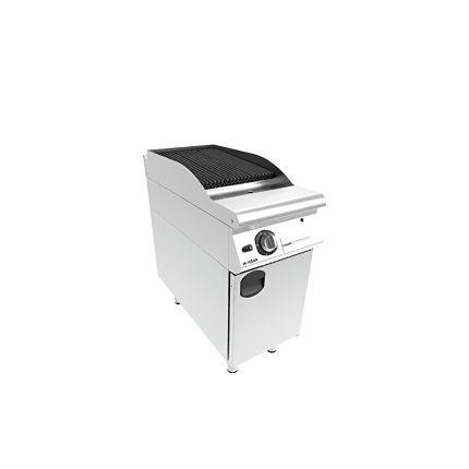 Gratar grill pe gaz cu roca vulcanica si placa striata, cu suport inchis, echipament profesional horeca